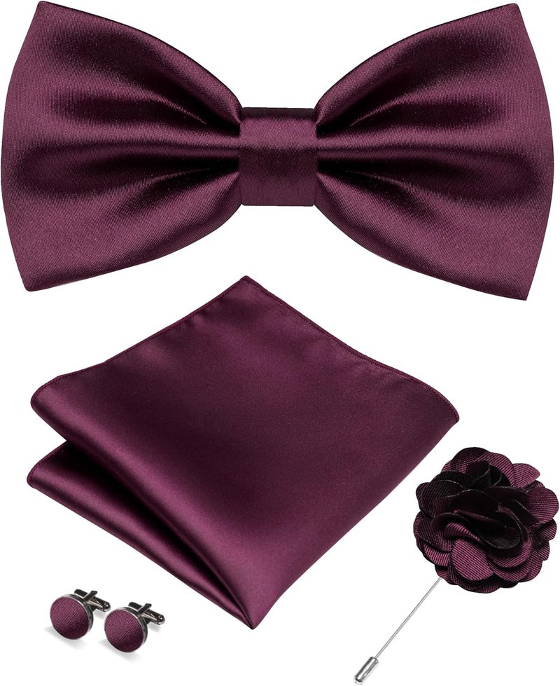 RBOCOTT Solid Color Bow Tie and Pocket Square with Lapel Pin Cufflinks Set 4PCS - Image 1